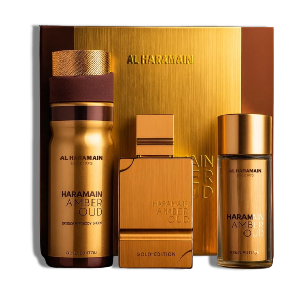 Al Haramain Set 3 pzas Amber Oud Gold Edition 75ml/2.5 Oz Edp1.0 Oz Edp 6.6 Oz Body Sp Unisex