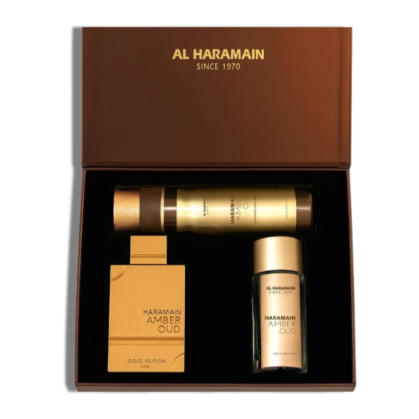 Al Haramain Set 3 pzas Amber Oud Gold Edition 75ml/2.5 Oz Edp1.0 Oz Edp 6.6 Oz Body Sp Unisex