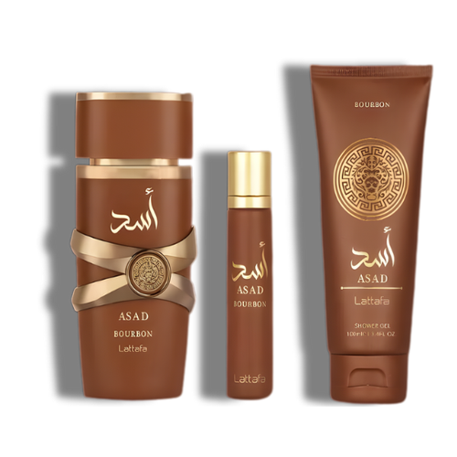 Lattafa Set 3 pzas Asad Bourbon 3.4 Oz Edp + 12Ml Travel Spray + 3.4 Oz Shower Gel Men