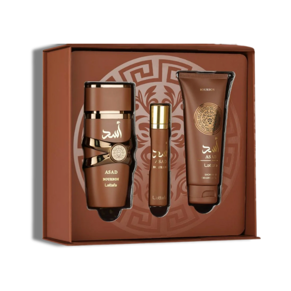 Lattafa Set 3 pzas Asad Bourbon 3.4 Oz Edp + 12Ml Travel Spray + 3.4 Oz Shower Gel Men