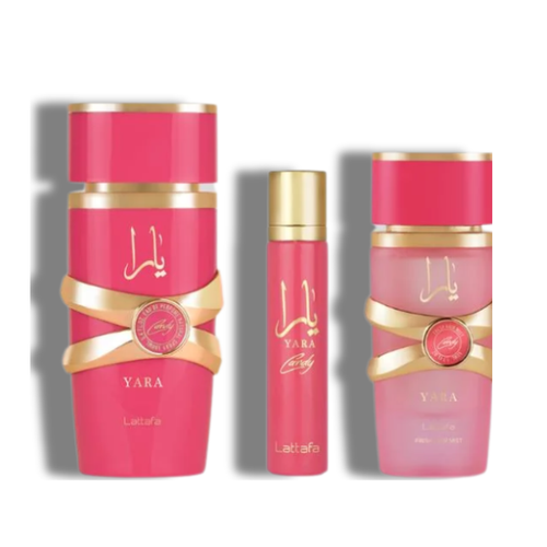 Lattafa Set 3 pzasYara Candy 3.4 Oz Edp + 12Ml Travel Spray + 50Ml Hairmist Women