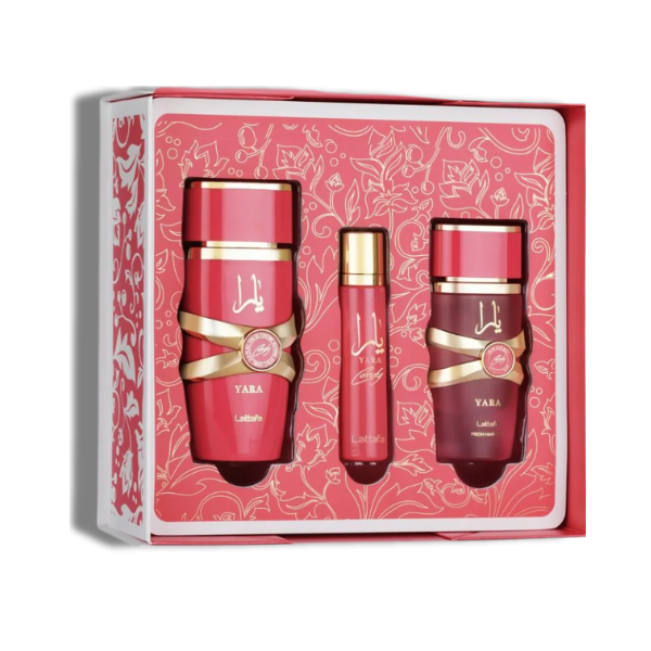 Lattafa Set 3 pzasYara Candy 3.4 Oz Edp + 12Ml Travel Spray + 50Ml Hairmist Women
