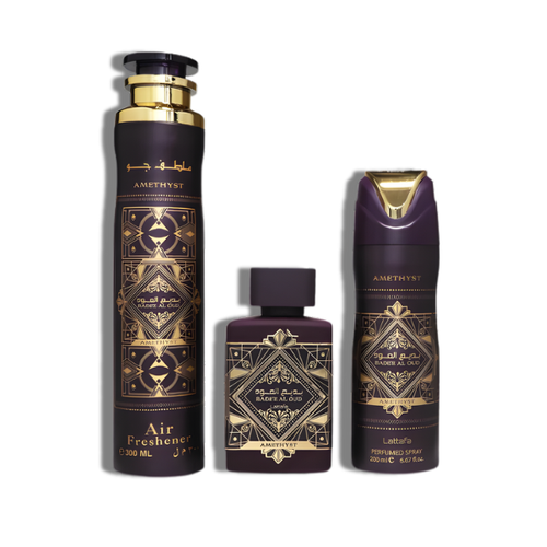Lattafa Set 3 pzas Badee al Oud Amethyst 3.4 Oz EDP +6.67 Oz Perfumed +10.0 Oz Air Freshener