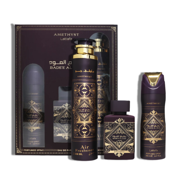 Lattafa Set 3 pzas Badee al Oud Amethyst 3.4 Oz EDP +6.67 Oz Perfumed +10.0 Oz Air Freshener