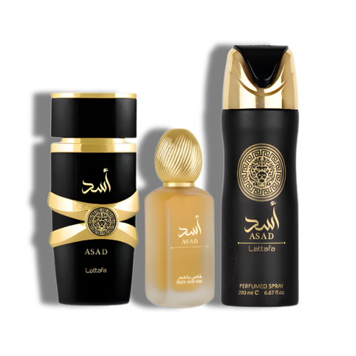 Lattafa Set 3 pzas Asad EDP -Black-Gold Box- Men's Set