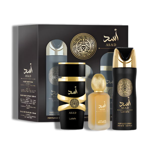 Lattafa Set 3 pzas Asad EDP -Black-Gold Box- Men's Set