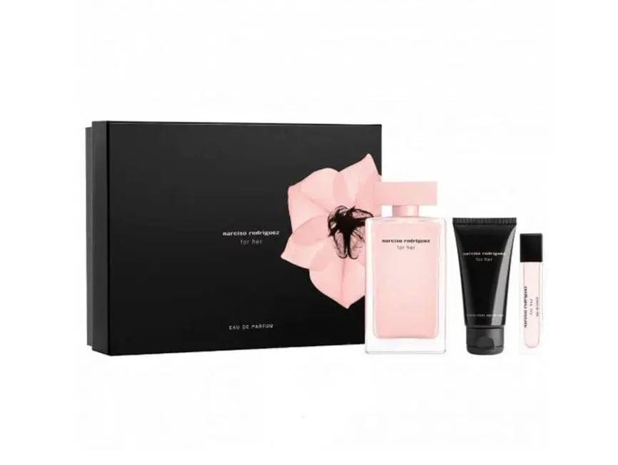 Narciso Rodriguez Set 3 pzas For Her 3.3oz EDP + 0.33 EDP +1.6oz B/L Women's Set