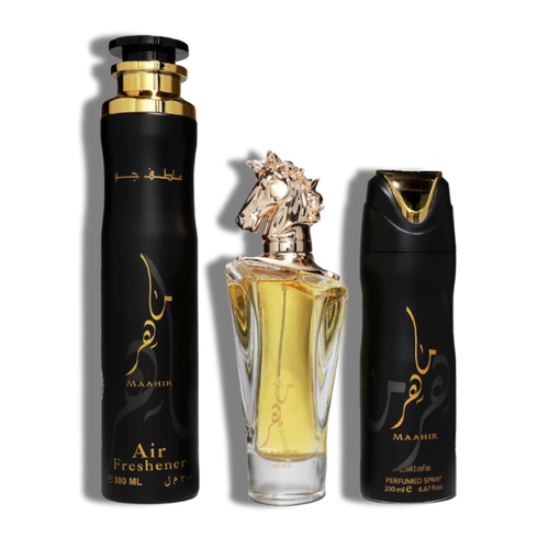 Lattafa Set 3 pzas Maahir Gold 100ml/3.4 Oz EDP Spr -Horse-Black Box- Unisex