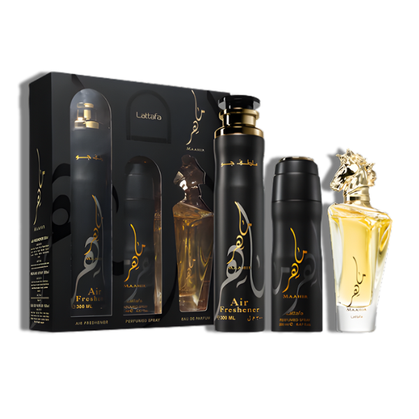 Lattafa Set 3 pzas Maahir Gold 100ml/3.4 Oz EDP Spr -Horse-Black Box- Unisex