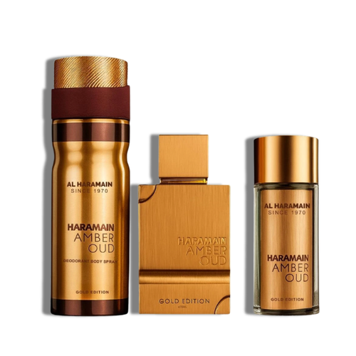 Al Haramain Set 3 pzas Amber Oud Gold Edition 75ml/2.5 Oz  Edp1.0 Oz Edp 6.6 Oz Body Sp Unisex