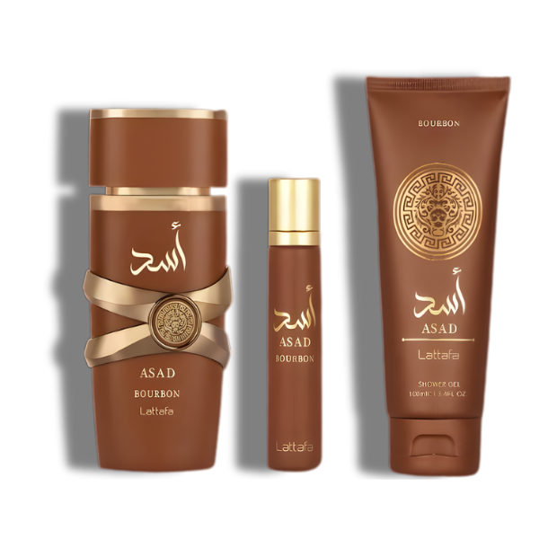 Lattafa Set 3 pzas Asad Bourbon 3.4 Oz Edp + 12Ml Travel Spray + 3.4 Oz Shower Gel Men