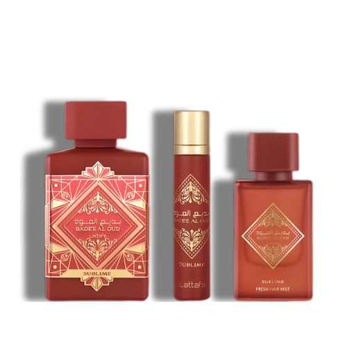 Lattafa Set 3 pzas Badee Al Oud Sublime 3.4 Oz Edp + 12Ml Travel Spray + 50Ml Hairmist Unisex
