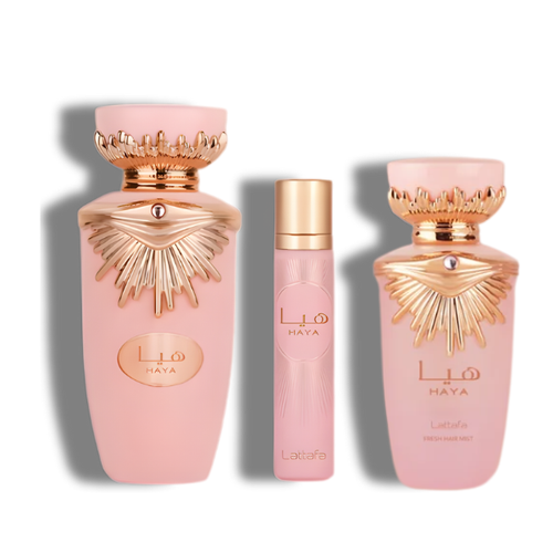 Lattafa Set 3 pzas Haya 3.4 Oz Edp + 12Ml Travel Spray + 50Ml Hairmist Women