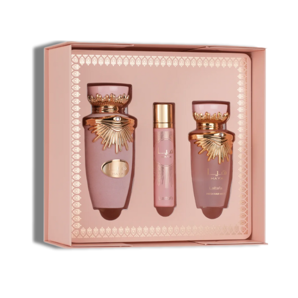 Lattafa Set 3 pzas Haya 3.4 Oz Edp + 12Ml Travel Spray + 50Ml Hairmist Women