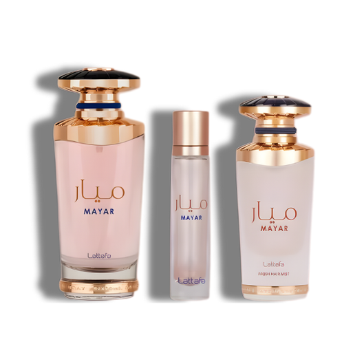 Lattafa Set 3 pzas Mayar 3.4 Oz Edp + 12Ml Travel Spray + 50Ml Hairmist Women
