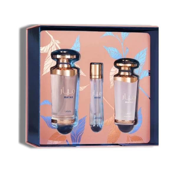 Lattafa Set 3 pzas Mayar 3.4 Oz Edp + 12Ml Travel Spray + 50Ml Hairmist Women
