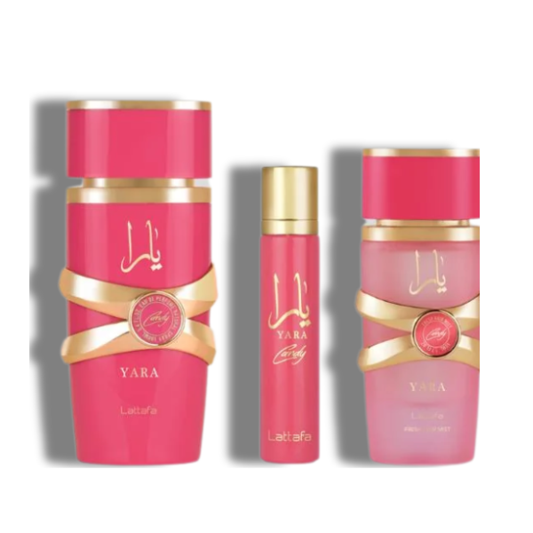 Lattafa Set 3 pzasYara Candy 3.4 Oz Edp + 12Ml Travel Spray + 50Ml Hairmist Women